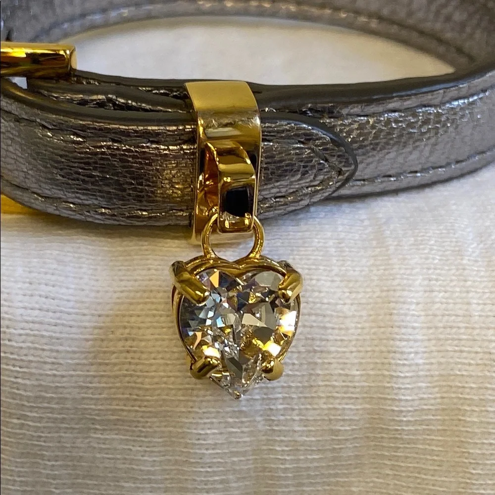 Miu Miu Silver Metallic Leather Bracelet with Goldtone Metal & Rhinestone (7.5") - Picture 4 of 6